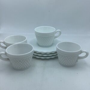 Four White Hobnail Cups and Saucers